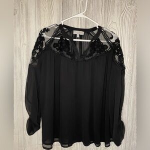 Hayden Los Angeles Black Blouse S/M Polyester Ruched Sleeves Sheer Lace Top